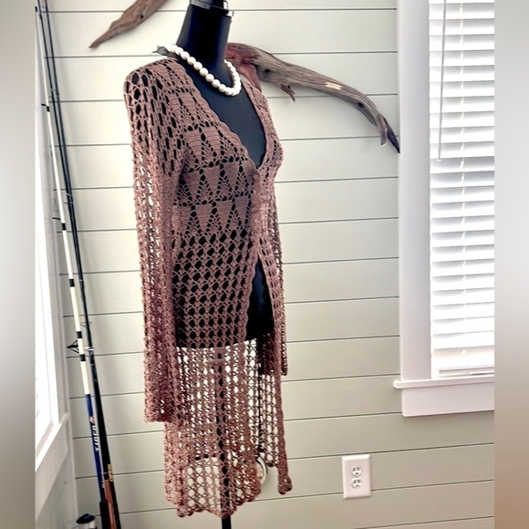 VTG Bette Paige,Crochet Long Duster in Walnut, Cardigan,Boho,Rare, EUC, Size L - Picture 6 of 14